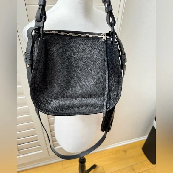 AllSaints Black Pebbled Leather Crossbody Bag with Tassel & Top Handle - Picture 6 of 9